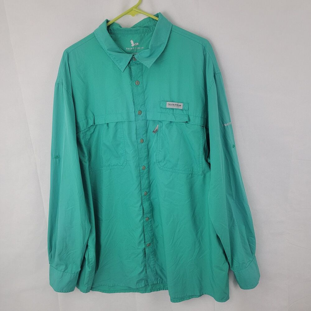 FIELD & STREAM Mens Button Up Shirt Sz 2XL Fishing GREEN Vented Lightweight READ